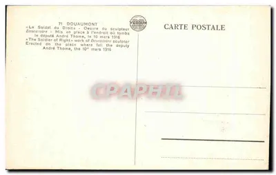 O Soldado da Justiça — Monumento em Douaumont — Editor Vendun, n°71 — Verso