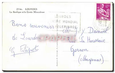 Lourdes — Widok z Bazyliki i Groty Miraculanej — Wydawnictwo P. Doucet, 23 bis — Rewers