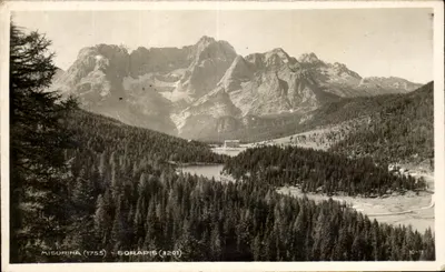 Misurina (1755) - Sorapis (3201) — vista panorâmica das montanhas e do lago — editor Agfa