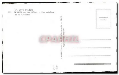 Cannes — Vista geral da Croisette — Os Hotéis — Editor L. Gilletta & Cie, n° 339 — Verso