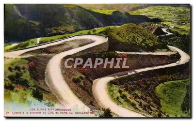 As Alpes pitorescas — Curvas na descida do col de Vars sobre Guillestre — R. Jarrey, editor