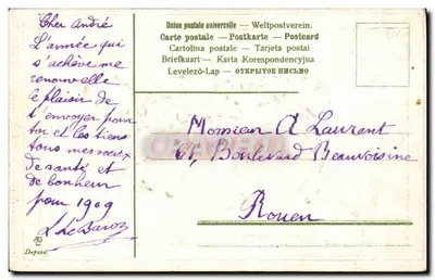 Houx e relógio — Carta de boas-vindas — União Postal Universal — Verso