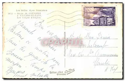 Las Gorges d'Engins — Carretera a Grenoble — Edición de Arte Grenoble, n° 3672 — Reverso