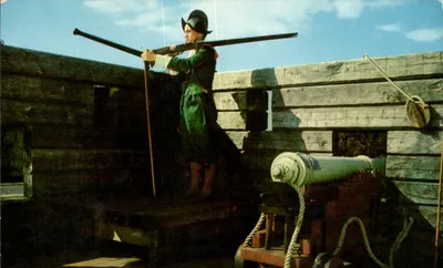Pilgrim Sentry — Fort-Meeting House reprodução — Ticknor Bros., Inc. Boston, Mass.