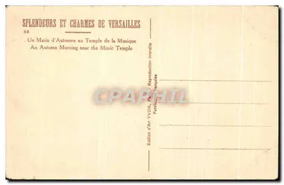 Bilhete postal antigo Splendor e Encanto de Versailles Uma Manhã de Outono no Templo da Música — Verso