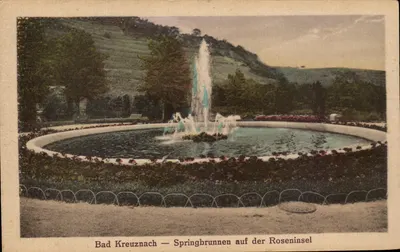 Bilhete postal antigo Bad Kreuznach Springbrunnen auf der Roseninsel