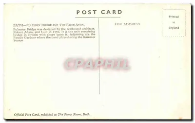 Bath, Pulteney Bridge — vista do ponte sobre o rio Avon — editor The Pump Room, Bath — Verso