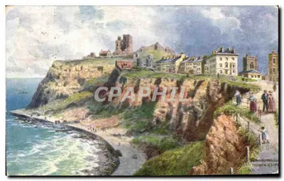 Scarborough North Cliff — vista panorâmica com castelo em ruínas — Tuck's Post Card