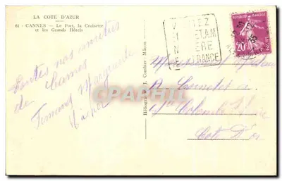 Cannes — Port, Croisette i Wielkie Hotele — Héliogravure J. Combier - Mâcon — Rewers