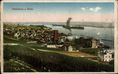 Rüdesheim a. Rhein — vista panorâmica do vilarejo e do rio Reno — editor não identificado