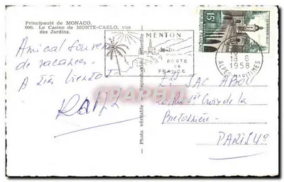 Kasyno Monte-Carlo — widok z ogrodu — wydawca Menton, nr 999 — Rewers