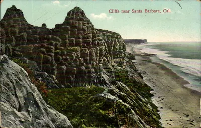 Falésias perto de Santa Barbara, Califórnia — M. Rider, Editor, Los Angeles, Califórnia, N. 4505 — Fabricado na Alemanha