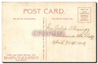 Falésias perto de Santa Barbara, Califórnia — M. Rider, Editor, Los Angeles, Califórnia, N. 4505 — Fabricado na Alemanha — Verso