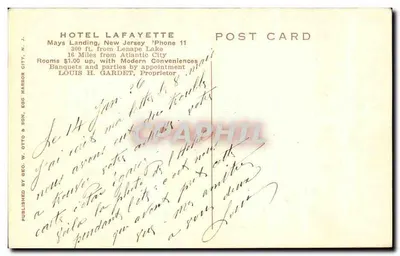Hôtel Lafayette, o refúgio dos turistas — Mays Landing, N.J. — publicado por Geo. W. Otto & Son, Egg Harbor City, N.J. — Verso