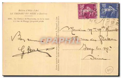 Bilhete postal antigo Le Treport Eu Mers et Environs Le chateau de Rambures vu de la route a 6km de Blangy — Verso
