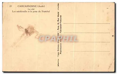 Stara pocztówka Carcassonne La Cite Les Machicoulis i Porta Seneschała — Rewers