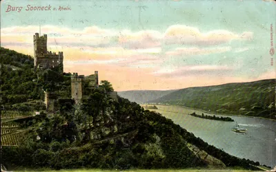 Burg Sooneck a. Rhein — castelo em falésia sobre o rio Reno — editor Louis Saser, n° 63048