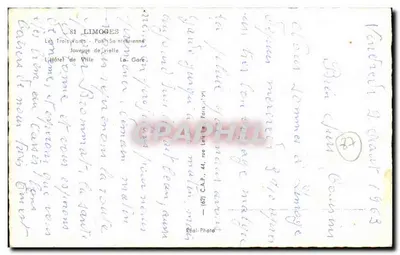 Limoges — vista panorâmica com jovem mulher em traje local — Réal-Photo — Verso
