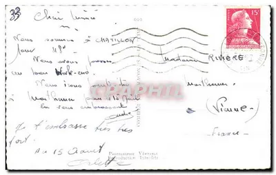 Châtillon-s-Chalaronne — Recuerdo de — Vista general, los muros, la puerta del Villars, el hotel de ville, las halles y la iglesia, el castillo Bissieux — Editor no visible — Reverso