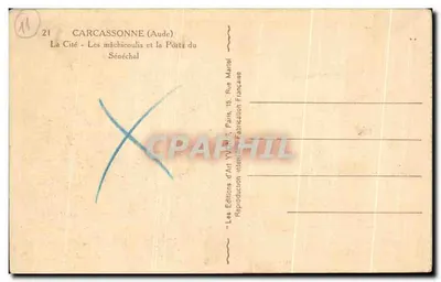 Carcassonne (Aude) — La Ciudad - Los machicolios y la Puerta del Senescal — Ediciones de Arte Yvon, París — Reverso