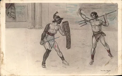 Bilhete postal antigo Gladiadores Roma Jogos