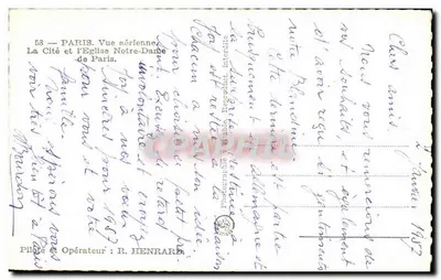 पुराना पोस्टकार्ड पेरिस एयरियन व्यू ला सिटे और पेरिस के चर्च नोट्र डेम ऑफ पेरिस गार्गोइल — पीछे