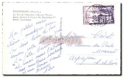 Cherbourg (Manche) — El Gran Transatlántico « Queen Mary » pasa frente a la Estatua de Napoleón I — Alex, Editor — Reverso