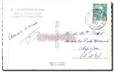 La Rochelle — Estátua do Almirante Duperré e Torre da Grande Horologia — Éditions Caby — Verso