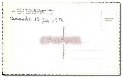 Pérouges — Miasto średniowieczne, dom z wydłużeniem na placu atelier tkań — Wydawnictwo ARLAUD Annemasse — Rewers