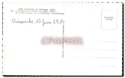 Średniowieczna dzielnica Pérouges (Ain) — L'Ostellerie du Vieux Pérouges, stara kuchnia i monumentalna kominek — Éditions ARLAUMASSE — Rewers
