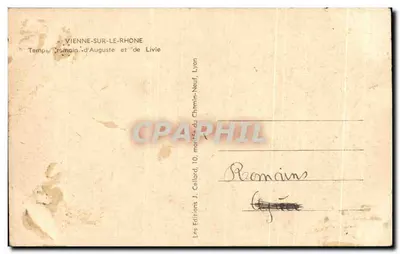 Bilhete postal antigo Viena sobre o Rio Rhône Templo de Augusto e Lívio — Verso