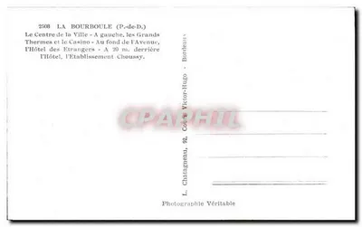 La Bourboule (P.-de-D.) — Centrum miasta, termale, kasyno, hotel obcych — Wydawca L. Chatagneau, nr 2508 — Rewers