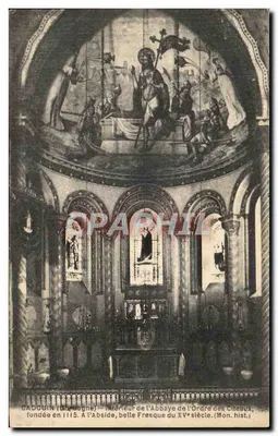 Cadouin (Dordogne) — Intérieur de l'Abbaye de l'Ordre des Cîteaux, fondée en 1115. À l'Abside, belle Fresque du XVᵉ siècle. (Mon. hist.)