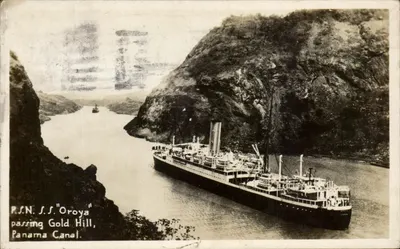 Bilhete postal antigo SS Oroya Passing Gold Hill Canal do Panamá Navio