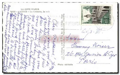 Cannes - A Croisette, à noite — Edições MAR, n° 10594 — Verso