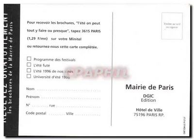 A Torre Eiffel — com bóia vermelha e branca — Mairie de Paris, edição DGIC — Verso