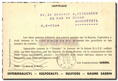 Bilhete postal antigo Paris Place de la Bourse — Verso