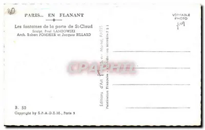 As fontes da porta de St-Cloud — Escult. Paul LANDOWSKI, Arq. Robert POMMIER e Jacques BILLARD — Éditions d'Art Française, B. 50 — Verso