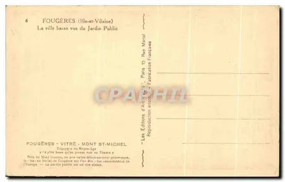 Fougères (Ille-et-Vilaine) — A cidade baixa vista do Jardim Público — Éditions d'Art Vitré — Verso