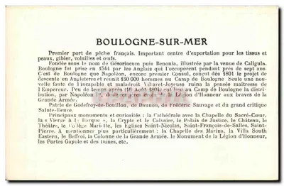 Boulogne-sur-Mer — carta postal ilustrada com mapa e descrição histórica — editor não visível — Verso