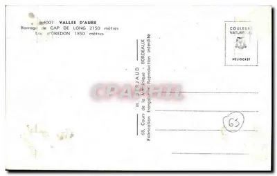Bilhete postal antigo Valle D'Aure Barragem de Cap De Long — Verso