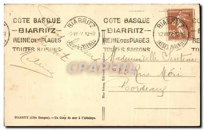Biarritz (Costa Basca) — Uma onda poderosa na Attalaye — Bloc frères, Editores de Biarritz — Verso