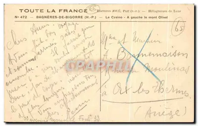 O Casino à esquerda o mont Olivet — Bagnères-de-Bigorre — Edições JOVÉ, Pau — Verso