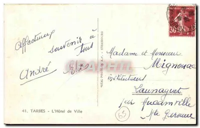 Tarbes - El Ayuntamiento — editor REAL PHOTO A.P. - STRASBOURG, n° 41 — Reverso