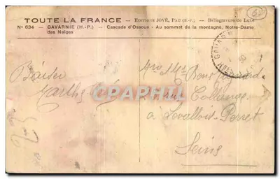 Cascade d'Ossoue — Au sommet de la montagne, Notre-Dame des Neiges — Éditions JOVÉ, Pau (B.P.) — Verso