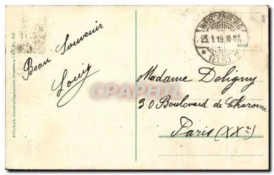 Strasburg, Broglieplatz — widok ulicy zdrapanej drzewami i budynkiem centralnym — wydawca Polis Laib, nr 819 — Rewers