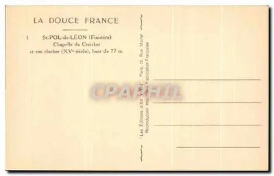 St-POL-de-LÉON (Finistère) — Kaplica Creisker i jej dzwonnica (XVe wiek), wysokość 77 m — Wydawnictwo Art Yvon, Paryż — Rewers