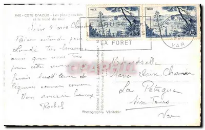 Côte d'Azur — De buigende pijnbomen en de kustlijn — Edities S.E.P.T. - 2, straat Alexis-Mosso, Nizza — Achterkant