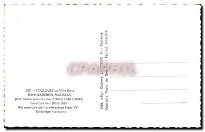 Toulouse — A Cidade Rosa — Hotel Baderon-Maussac (Hotel Guillermmy) — Editor Laroche, n°205 — Verso