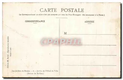 Os Jardins de Rouen — Jardim do Hotel de Ville — Estátua de Rollon — Edição H. Barbé — Verso